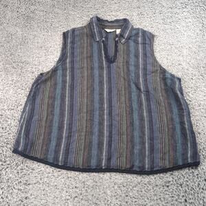 J Jill Shirt Women 3XL XXXL Blue Striped Linen Sleeveless Casual Summer Collared